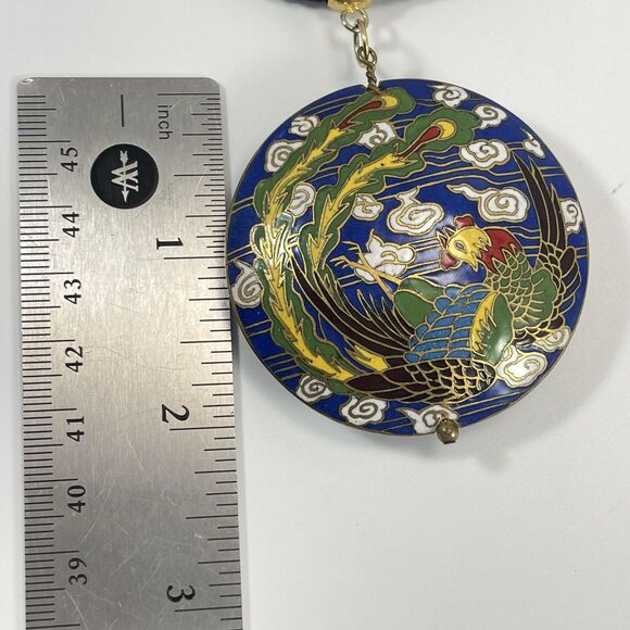 Vintage  Cloisonne Lucky Rooster Round Enamel Gold Tone Pendant Necklace Cord - Picture 8 of 9